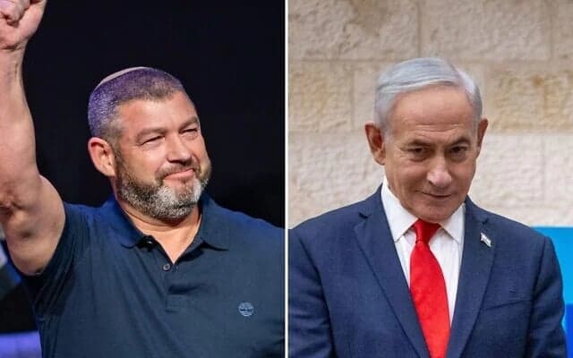 Split image showing Ofer Winter raising his fist on the left and Prime Minister Netanyahu looking to the side on the right