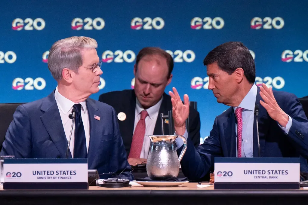 U.S. Treasury Secretary and Federal Reserve official speaking at a G20 finance ministers meeting